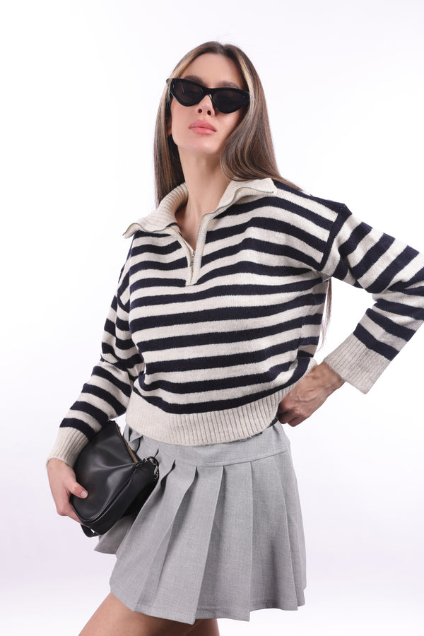 Striped Zippered Knit Sweater